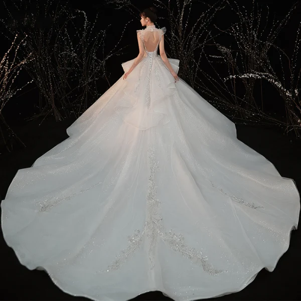 Vintage / Retro Ivory Bridal Wedding Dresses 2020 Ball Gown High Neck Sleeveless Backless Glitter Tulle Sequins Beading Cathedral Train Ruffle