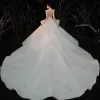 Vintage / Retro Ivory Bridal Wedding Dresses 2020 Ball Gown High Neck Sleeveless Backless Glitter Tulle Sequins Beading Cathedral Train Ruffle