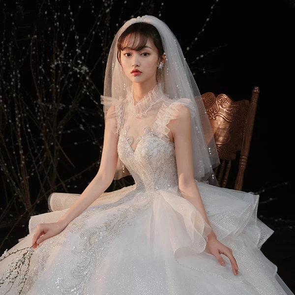 Vintage / Retro Ivory Bridal Wedding Dresses 2020 Ball Gown High Neck Sleeveless Backless Glitter Tulle Sequins Beading Cathedral Train Ruffle