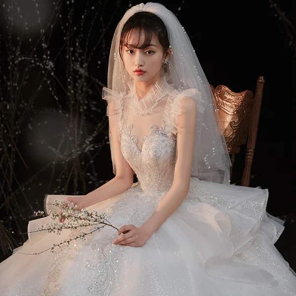 Vintage / Retro Ivory Bridal Wedding Dresses 2020 Ball Gown High Neck Sleeveless Backless Glitter Tulle Sequins Beading Cathedral Train Ruffle