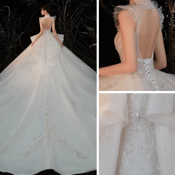 Vintage / Retro Ivory Bridal Wedding Dresses 2020 Ball Gown High Neck Sleeveless Backless Glitter Tulle Sequins Beading Cathedral Train Ruffle