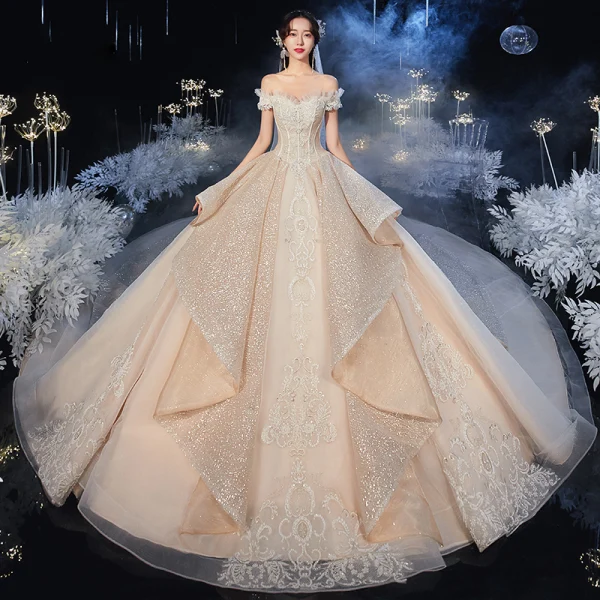Luxury / Gorgeous Champagne Bridal Wedding Dresses 2020 Ball Gown Off-The-Shoulder Short Sleeve Backless Appliques Lace Beading Glitter Tulle Cathedral Train Ruffle