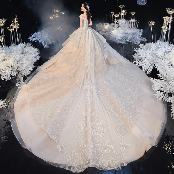 Luxury / Gorgeous Champagne Bridal Wedding Dresses 2020 Ball Gown Off-The-Shoulder Short Sleeve Backless Appliques Lace Beading Glitter Tulle Cathedral Train Ruffle