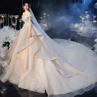 Luxe Champagne La Mariée Robe De Mariée 2020 Robe Boule De L 039 Épaule Manches Courtes Dos Nu Appliques En Dentelle Perlage Glitter Tulle Cathedral Train Volants