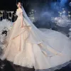 Luxury / Gorgeous Champagne Bridal Wedding Dresses 2020 Ball Gown Off-The-Shoulder Short Sleeve Backless Appliques Lace Beading Glitter Tulle Cathedral Train Ruffle