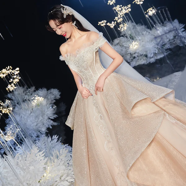 Luxury / Gorgeous Champagne Bridal Wedding Dresses 2020 Ball Gown Off-The-Shoulder Short Sleeve Backless Appliques Lace Beading Glitter Tulle Cathedral Train Ruffle