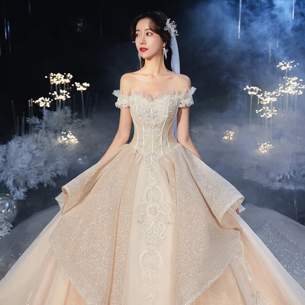 Luxury / Gorgeous Champagne Bridal Wedding Dresses 2020 Ball Gown Off-The-Shoulder Short Sleeve Backless Appliques Lace Beading Glitter Tulle Cathedral Train Ruffle