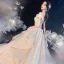Luxury / Gorgeous Champagne Bridal Wedding Dresses 2020 Ball Gown Off-The-Shoulder Short Sleeve Backless Appliques Lace Beading Glitter Tulle Cathedral Train Ruffle