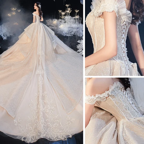 Luxury / Gorgeous Champagne Bridal Wedding Dresses 2020 Ball Gown Off-The-Shoulder Short Sleeve Backless Appliques Lace Beading Glitter Tulle Cathedral Train Ruffle