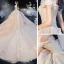 Luxury / Gorgeous Champagne Bridal Wedding Dresses 2020 Ball Gown Off-The-Shoulder Short Sleeve Backless Appliques Lace Beading Glitter Tulle Cathedral Train Ruffle