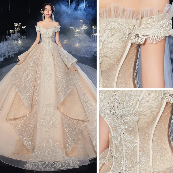 Luxury / Gorgeous Champagne Bridal Wedding Dresses 2020 Ball Gown Off-The-Shoulder Short Sleeve Backless Appliques Lace Beading Glitter Tulle Cathedral Train Ruffle