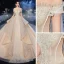 Luxury / Gorgeous Champagne Bridal Wedding Dresses 2020 Ball Gown Off-The-Shoulder Short Sleeve Backless Appliques Lace Beading Glitter Tulle Cathedral Train Ruffle