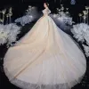 Vintage / Retro Champagne Bridal Wedding Dresses 2020 Ball Gown See-through High Neck Short Sleeve Backless Beading Appliques Lace Cathedral Train Ruffle