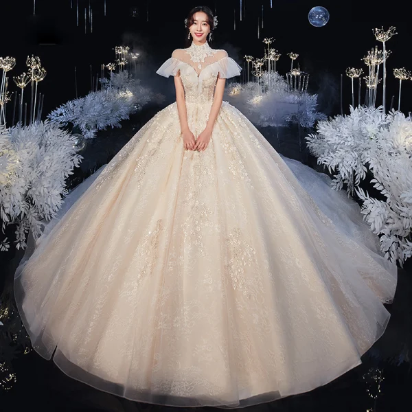 Vintage / Retro Champagne Bridal Wedding Dresses 2020 Ball Gown See-through High Neck Short Sleeve Backless Beading Appliques Lace Cathedral Train Ruffle
