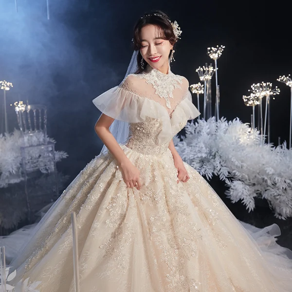 Vintage / Retro Champagne Bridal Wedding Dresses 2020 Ball Gown See-through High Neck Short Sleeve Backless Beading Appliques Lace Cathedral Train Ruffle