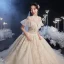 Vintage / Retro Champagne Bridal Wedding Dresses 2020 Ball Gown See-through High Neck Short Sleeve Backless Beading Appliques Lace Cathedral Train Ruffle