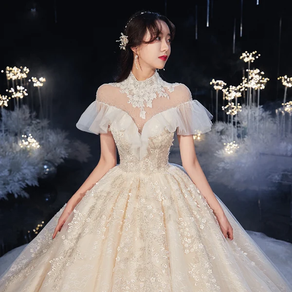Vintage / Retro Champagne Bridal Wedding Dresses 2020 Ball Gown See-through High Neck Short Sleeve Backless Beading Appliques Lace Cathedral Train Ruffle