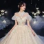 Vintage / Retro Champagne Bridal Wedding Dresses 2020 Ball Gown See-through High Neck Short Sleeve Backless Beading Appliques Lace Cathedral Train Ruffle