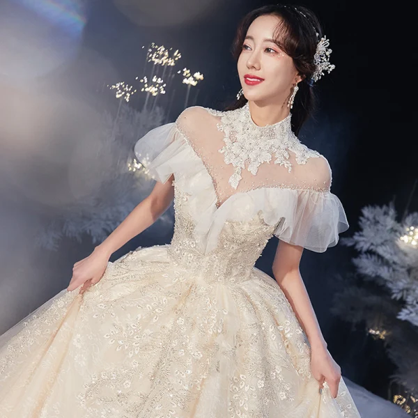 Vintage / Retro Champagne Bridal Wedding Dresses 2020 Ball Gown See-through High Neck Short Sleeve Backless Beading Appliques Lace Cathedral Train Ruffle