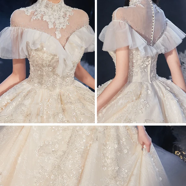Vintage / Retro Champagne Bridal Wedding Dresses 2020 Ball Gown See-through High Neck Short Sleeve Backless Beading Appliques Lace Cathedral Train Ruffle