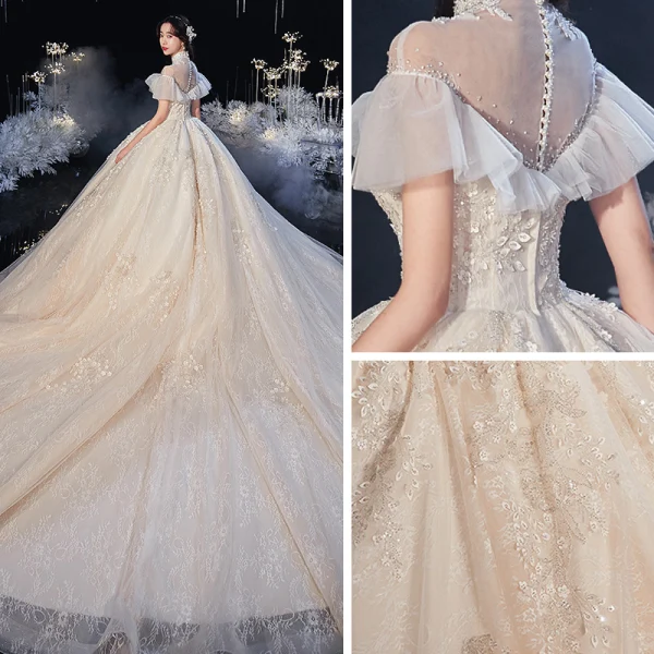 Vintage / Retro Champagne Bridal Wedding Dresses 2020 Ball Gown See-through High Neck Short Sleeve Backless Beading Appliques Lace Cathedral Train Ruffle