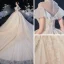 Vintage / Retro Champagne Bridal Wedding Dresses 2020 Ball Gown See-through High Neck Short Sleeve Backless Beading Appliques Lace Cathedral Train Ruffle