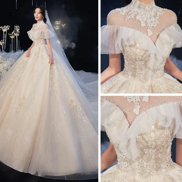 Vintage / Retro Champagne Bridal Wedding Dresses 2020 Ball Gown See-through High Neck Short Sleeve Backless Beading Appliques Lace Cathedral Train Ruffle