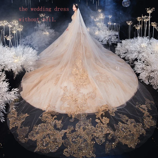 Style Victorien Champagne Transparentes La Mariée Robe De Mariée 2020 Robe Boule Col Haut Gonflée Manches Longues Dos Nu Appliques En Dentelle Perlage Glitter Tulle Cathedral Train