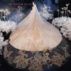 Victorian Style Champagne See-through Bridal Wedding Dresses 2020 Ball Gown High Neck Puffy Long Sleeve Backless Appliques Lace Beading Glitter Tulle Cathedral Train
