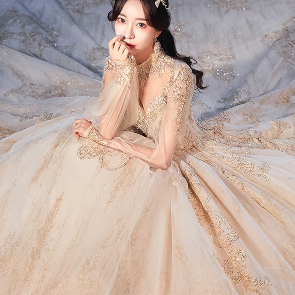 Style Victorien Champagne Transparentes La Mariée Robe De Mariée 2020 Robe Boule Col Haut Gonflée Manches Longues Dos Nu Appliques En Dentelle Perlage Glitter Tulle Cathedral Train