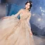Style Victorien Champagne Transparentes La Mariée Robe De Mariée 2020 Robe Boule Col Haut Gonflée Manches Longues Dos Nu Appliques En Dentelle Perlage Glitter Tulle Cathedral Train