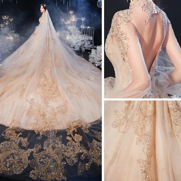 Style Victorien Champagne Transparentes La Mariée Robe De Mariée 2020 Robe Boule Col Haut Gonflée Manches Longues Dos Nu Appliques En Dentelle Perlage Glitter Tulle Cathedral Train