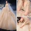 Style Victorien Champagne Transparentes La Mariée Robe De Mariée 2020 Robe Boule Col Haut Gonflée Manches Longues Dos Nu Appliques En Dentelle Perlage Glitter Tulle Cathedral Train