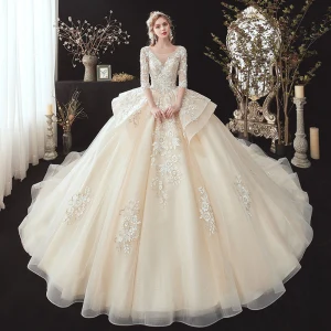 Meilleur Champagne Transparentes La Mariée Robe De Mariée 2020 Robe Boule Encolure Dégagée 3 4 Manches Dos Nu Fleur Appliques En Dentelle Perlage Glitter Tulle Chapel Train Volants