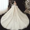 Best Champagne See-through Bridal Wedding Dresses 2020 Ball Gown Scoop Neck 3/4 Sleeve Backless Flower Appliques Lace Beading Glitter Tulle Chapel Train Ruffle