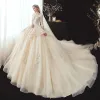 Best Champagne See-through Bridal Wedding Dresses 2020 Ball Gown Scoop Neck 3/4 Sleeve Backless Flower Appliques Lace Beading Glitter Tulle Chapel Train Ruffle