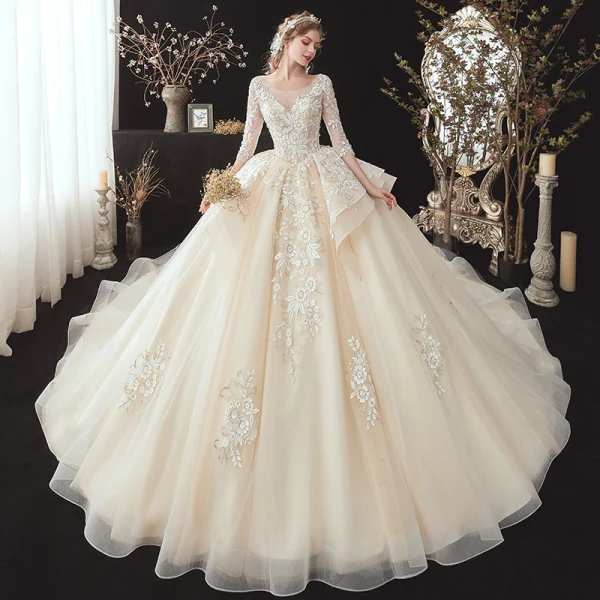 Best Champagne See-through Bridal Wedding Dresses 2020 Ball Gown Scoop Neck 3/4 Sleeve Backless Flower Appliques Lace Beading Glitter Tulle Chapel Train Ruffle