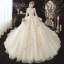 Best Champagne See-through Bridal Wedding Dresses 2020 Ball Gown Scoop Neck 3/4 Sleeve Backless Flower Appliques Lace Beading Glitter Tulle Chapel Train Ruffle