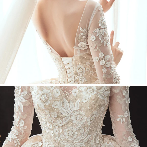 Best Champagne See-through Bridal Wedding Dresses 2020 Ball Gown Scoop Neck 3/4 Sleeve Backless Flower Appliques Lace Beading Glitter Tulle Chapel Train Ruffle
