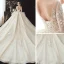 Best Champagne See-through Bridal Wedding Dresses 2020 Ball Gown Scoop Neck 3/4 Sleeve Backless Flower Appliques Lace Beading Glitter Tulle Chapel Train Ruffle