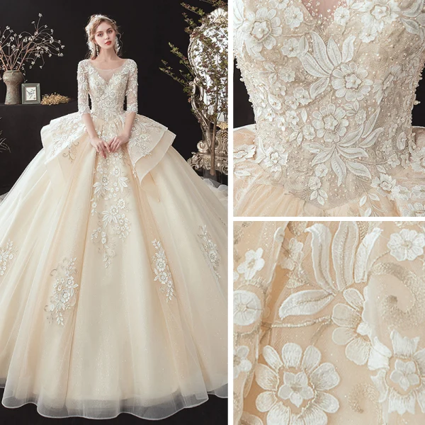 Best Champagne See-through Bridal Wedding Dresses 2020 Ball Gown Scoop Neck 3/4 Sleeve Backless Flower Appliques Lace Beading Glitter Tulle Chapel Train Ruffle