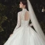 Chinese style Champagne Bridal Wedding Dresses 2020 Ball Gown High Neck Long Sleeve Backless Pierced Appliques Lace Beading Chapel Train