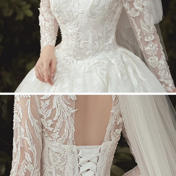 Chinese style Champagne Bridal Wedding Dresses 2020 Ball Gown High Neck Long Sleeve Backless Pierced Appliques Lace Beading Chapel Train