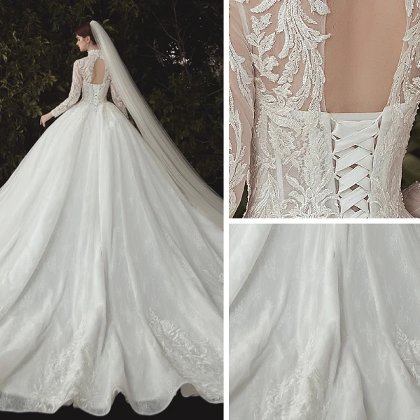 Chinese style Champagne Bridal Wedding Dresses 2020 Ball Gown High Neck Long Sleeve Backless Pierced Appliques Lace Beading Chapel Train