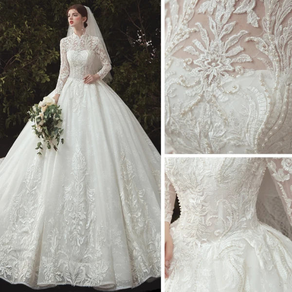 Chinese style Champagne Bridal Wedding Dresses 2020 Ball Gown High Neck Long Sleeve Backless Pierced Appliques Lace Beading Chapel Train