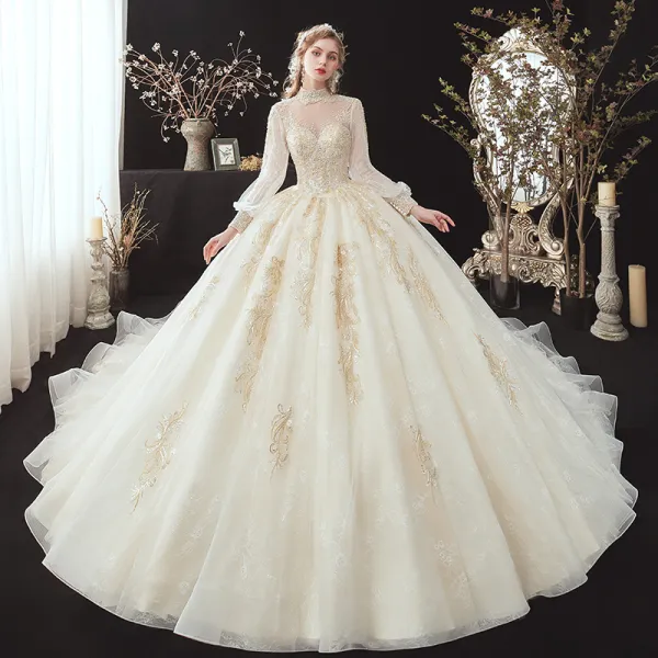 Victorian Style Champagne Bridal Wedding Dresses 2020 Ball Gown See-through High Neck Puffy Long Sleeve Backless Appliques Lace Beading Cathedral Train