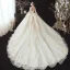 Viktorianischer Stil Champagner Hochzeits Brautkleider / Hochzeitskleider 2020 Ballkleid Durchsichtige Stehkragen Geschwollenes Lange Ärmel Rückenfreies Applikationen Spitze Perlenstickerei Kathedrale Schleppe