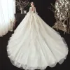 Victorian Style Champagne Bridal Wedding Dresses 2020 Ball Gown See-through High Neck Puffy Long Sleeve Backless Appliques Lace Beading Cathedral Train