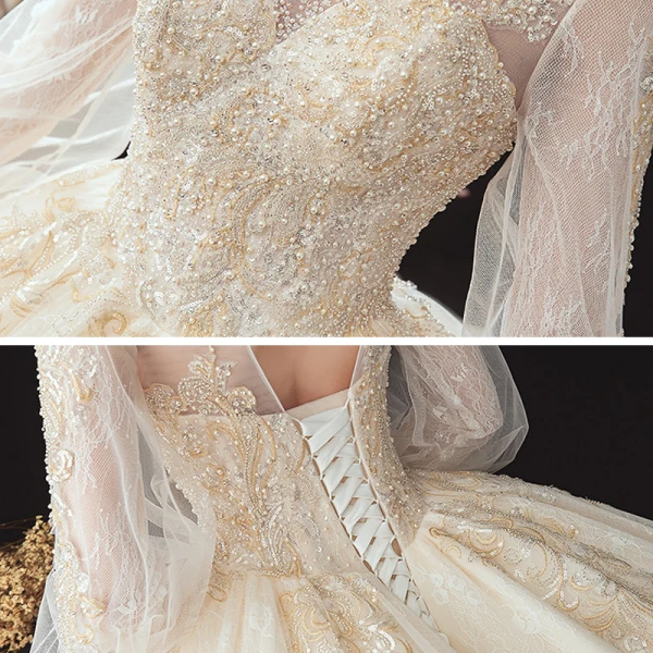 Viktorianischer Stil Champagner Hochzeits Brautkleider / Hochzeitskleider 2020 Ballkleid Durchsichtige Stehkragen Geschwollenes Lange Ärmel Rückenfreies Applikationen Spitze Perlenstickerei Kathedrale Schleppe