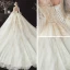 Viktorianischer Stil Champagner Hochzeits Brautkleider / Hochzeitskleider 2020 Ballkleid Durchsichtige Stehkragen Geschwollenes Lange Ärmel Rückenfreies Applikationen Spitze Perlenstickerei Kathedrale Schleppe